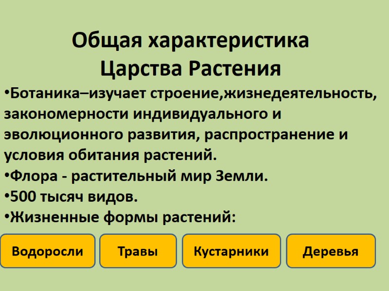 Общая характеристика  Царства Растения Ботаника–изучает строение,жизнедеятельность, закономерности индивидуального и эволюционного развития, распространение и